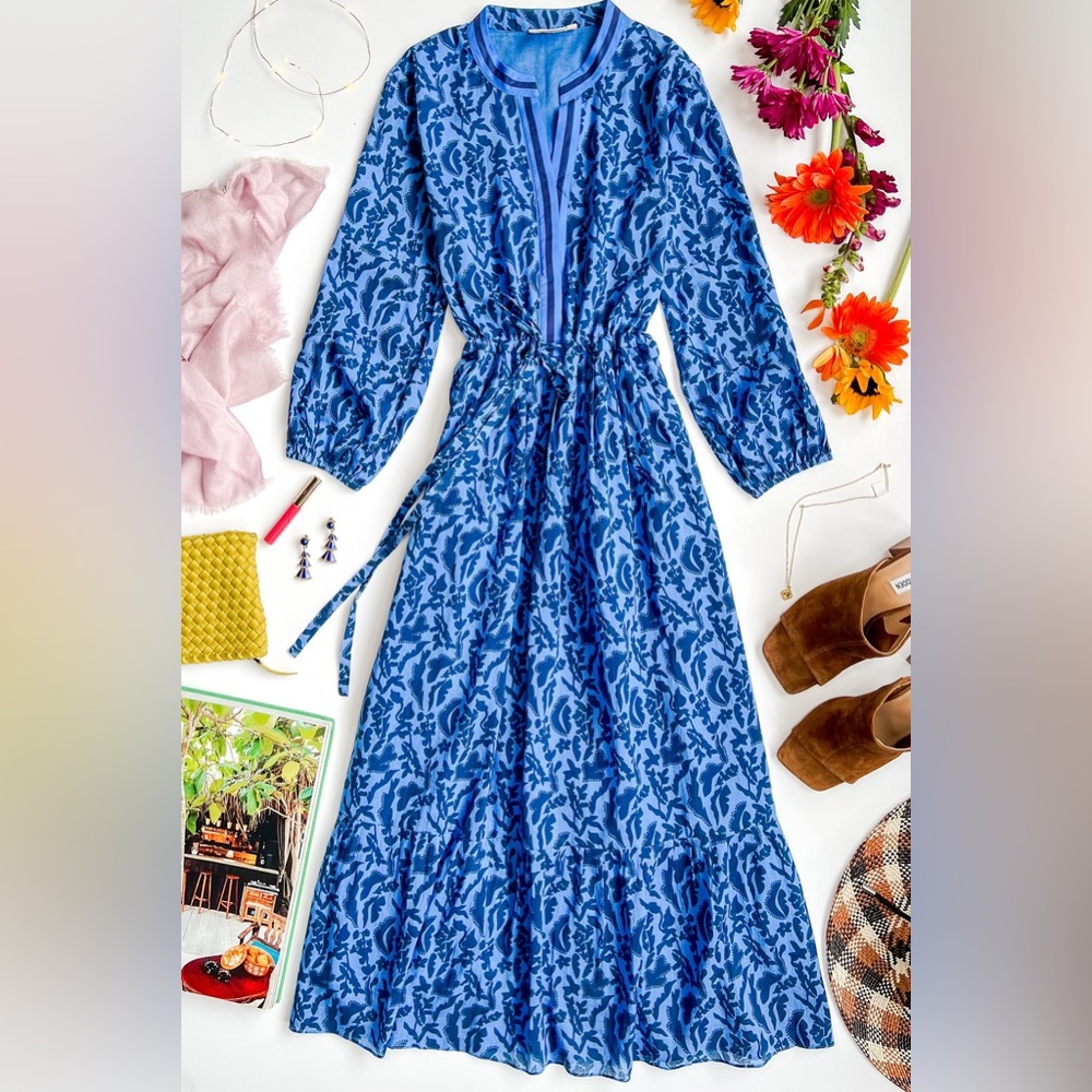 Runglolee Bella tiered maxi Dress Blue Ibiza Floral print sz XL